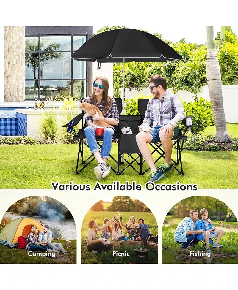 Vebreda Portable Folding Picnic Double Chair With Umbrella
