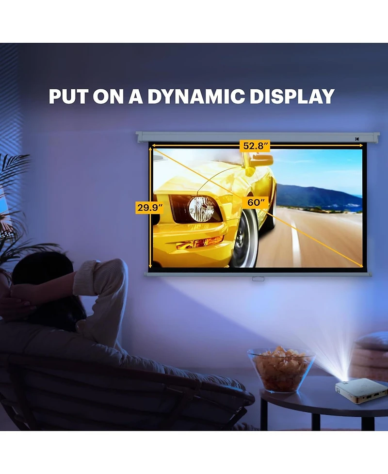 Kodak 60" Manual Pull Down Projector Screen, Large 16:9 Retractable Projector Screen