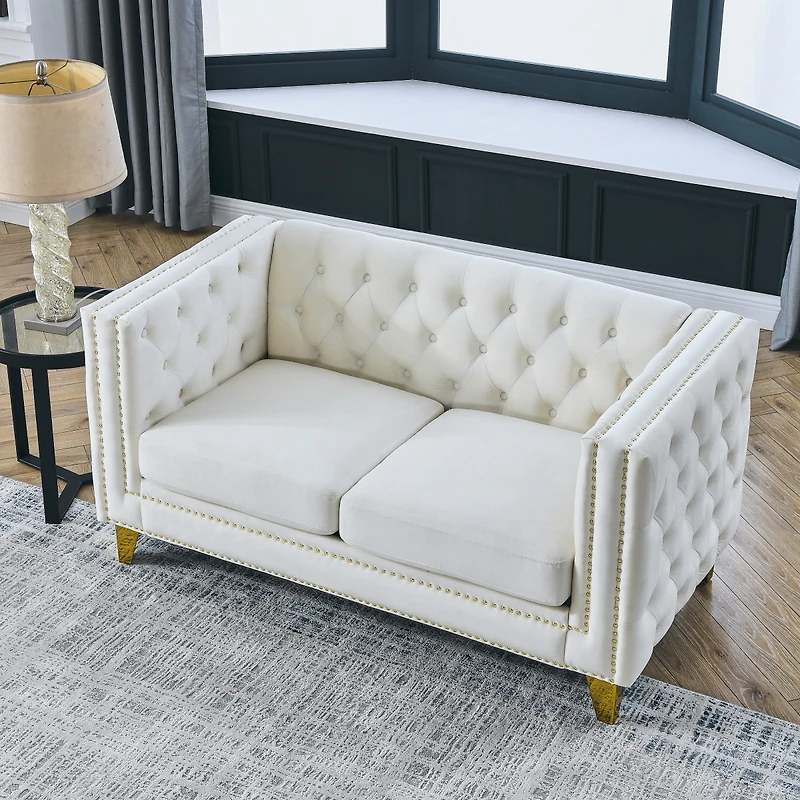 Streamdale Furniture Beige Velvet Sofa with Tufted Square Arm