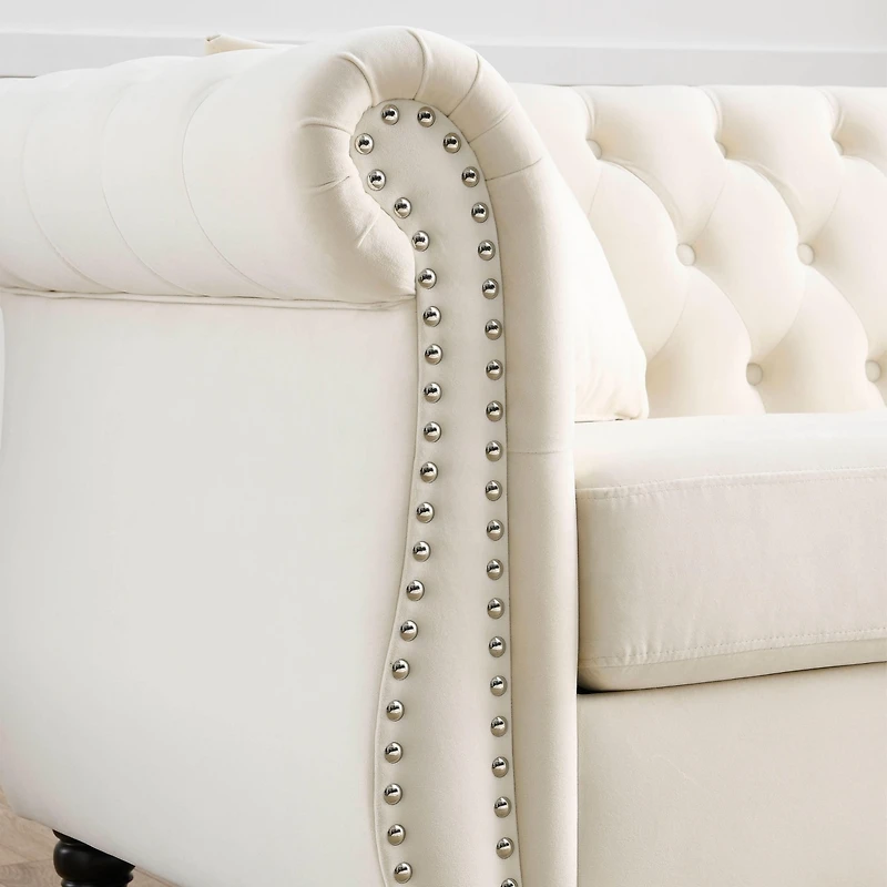 Streamdale Furniture Beige Velvet Chesterfield Sofa with Tufted Couch and Nailhead Trim