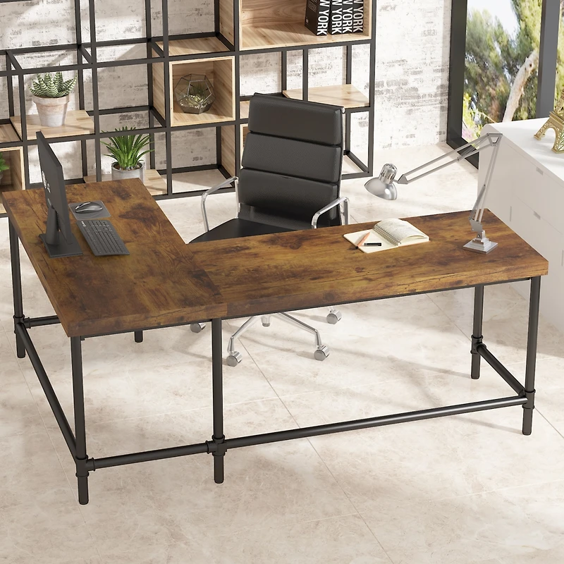 Tribesigns L Shaped Computer Desk, 67 inch Industrial Reversible Corner Desk for Home Office, Pc Laptop Study Writing Table Workstation with Metal Pip