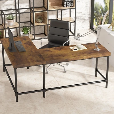 Tribesigns L Shaped Computer Desk, 67 inch Industrial Reversible Corner Desk for Home Office, Pc Laptop Study Writing Table Workstation with Metal Pip