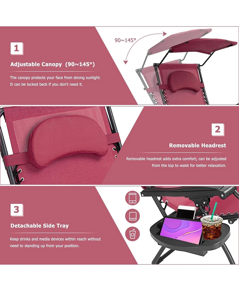 Slickblue Folding Recliner Lounge Chair with Shade Canopy Cup Holder