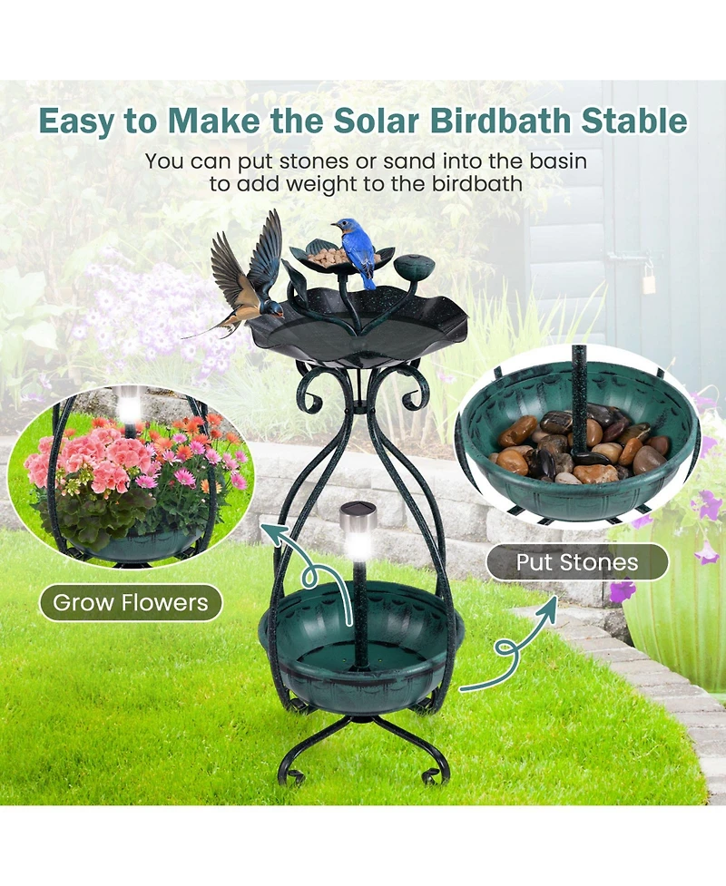 Slickblue Solar Outdoor Bird Bath Feeder Combo with Flower Planter Pedestal and Lights