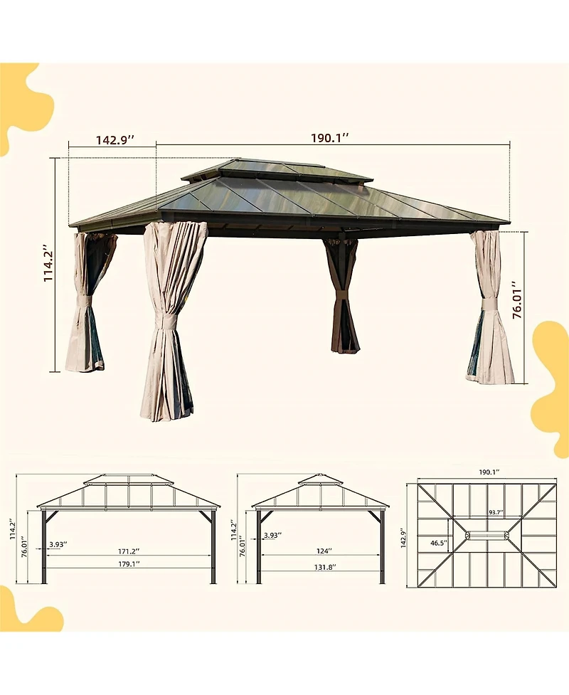 Mondawe 12x16ft Permanent Aluminum Outdoor Canopy Gazebo, Double Roof Uv Protection, Bug Netting, Lifetime Rustproof