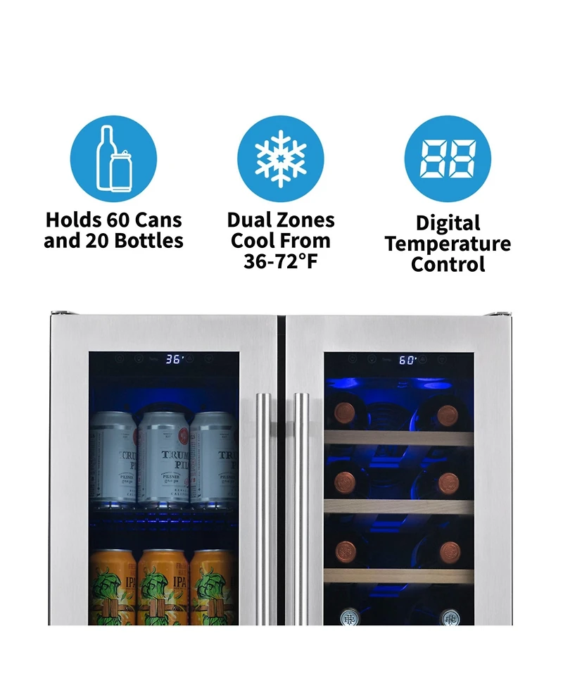 Newair 24 Inch Premium Built-in Dual Zone 20 Bottle and 60 Can French Door Wine and Beverage Fridge in Stainless Steel with SplitShelf and Beech Wood