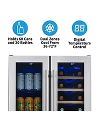 Newair 24 Inch Premium Built-in Dual Zone 20 Bottle and 60 Can French Door Wine and Beverage Fridge in Stainless Steel with SplitShelf and Beech Wood
