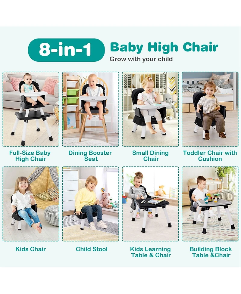 Costway Toddler 8-in-1 High Chair Convertible Dining Booster Seat w/ Removable Tray