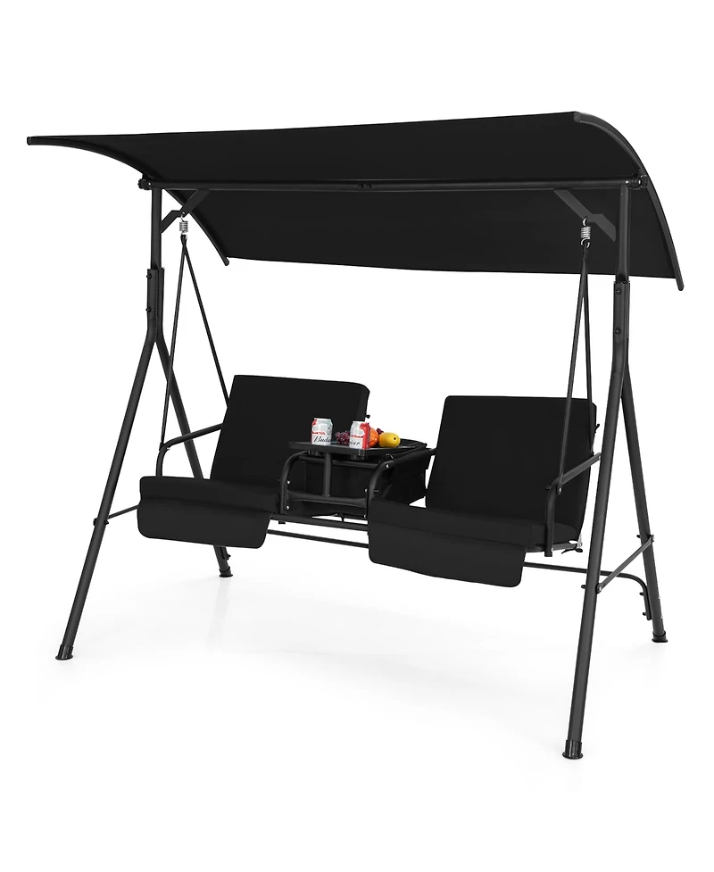 2-Person Canopy Porch Swing Padded Chair Cooler Bag Rotatable Tray Black