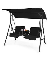 2-Person Canopy Porch Swing Padded Chair Cooler Bag Rotatable Tray Black