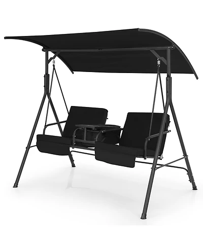 2-Person Canopy Porch Swing Padded Chair Cooler Bag Rotatable Tray Black