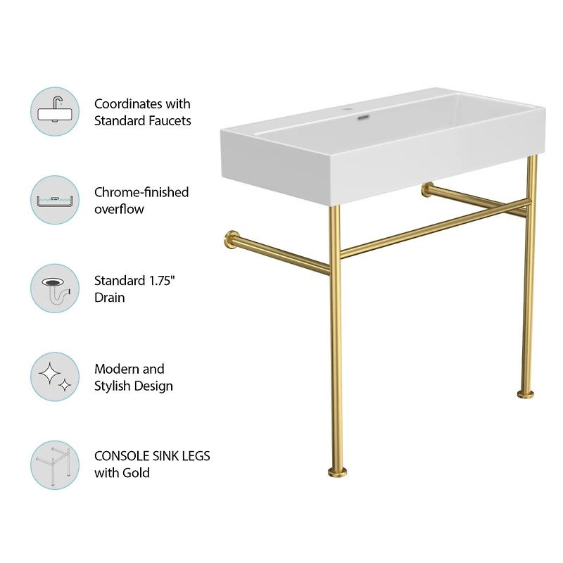 30" Bathroom Console Sink With Overflow, Ceramic Console Sink White Basin Gold Legs