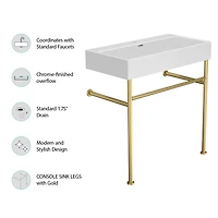 30" Bathroom Console Sink With Overflow, Ceramic Console Sink White Basin Gold Legs