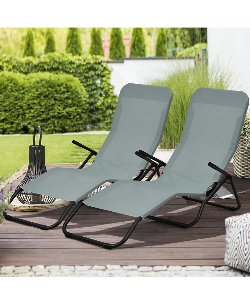Slickblue 2 Pieces Folding Portable Patio Chaise Lounger with Rocking Design-Light Green