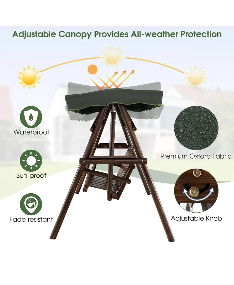 Costway 2 Person Wooden Garden Swing Bench Chair w/ Adjustable Canopy for Garden Porch