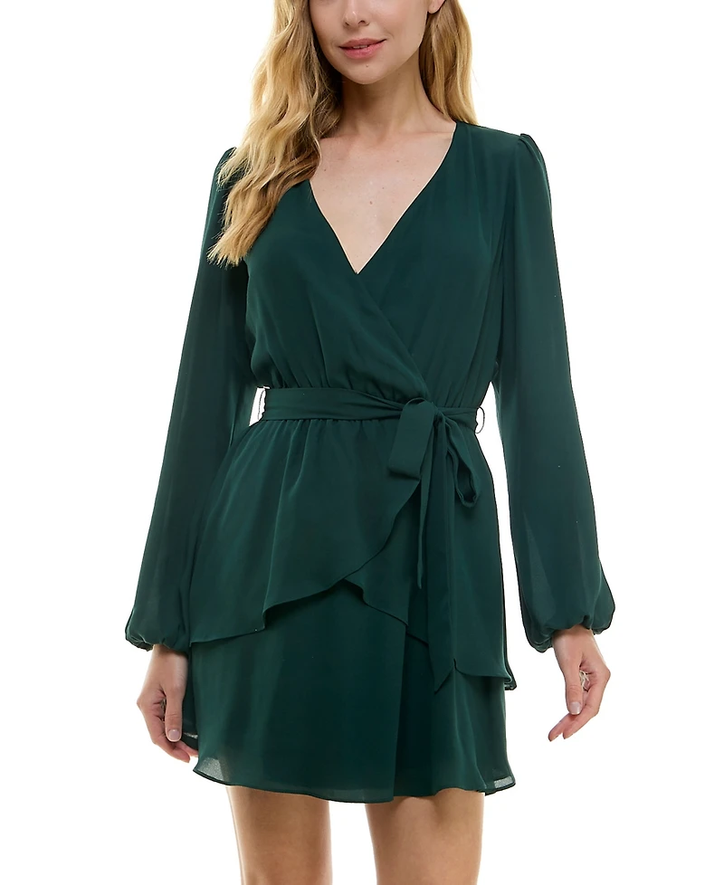 City Studios Juniors' Surplice-Neck Fit & Flare Dress