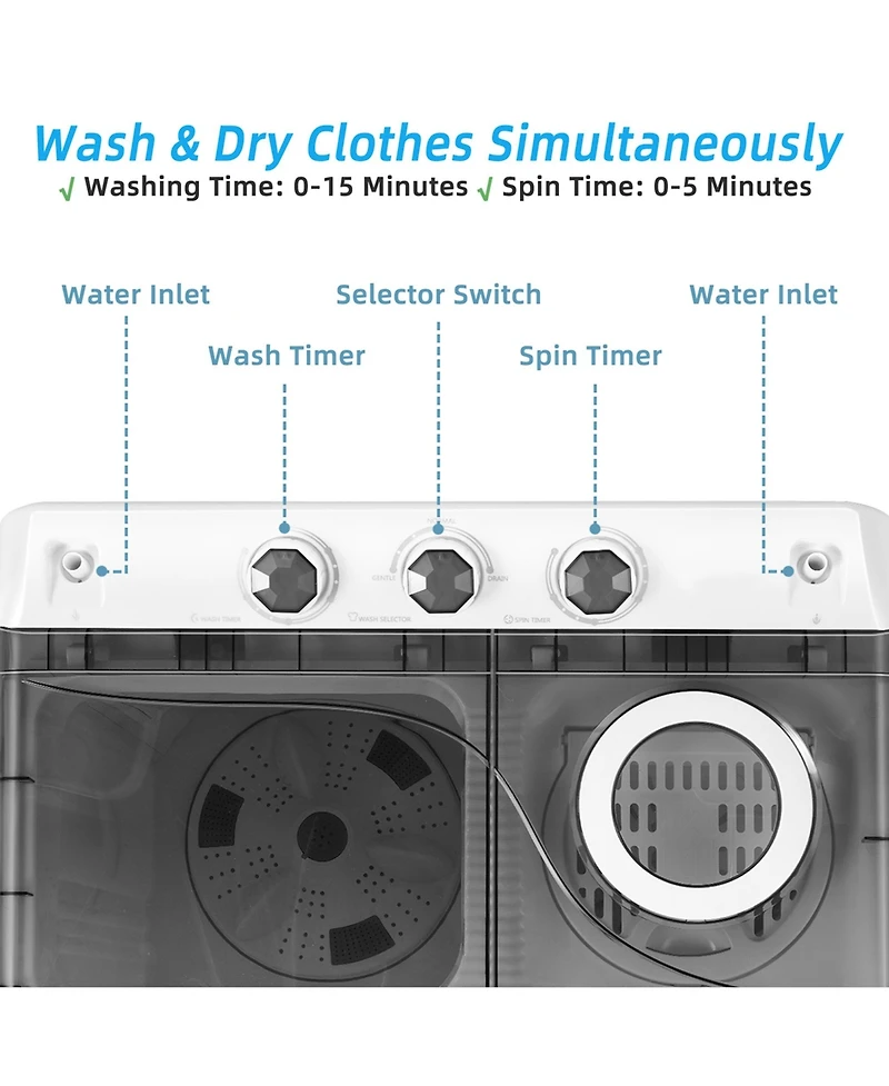 26lbs Portable Semi-automatic Twin Tub Washing Machine with Drain Pump
