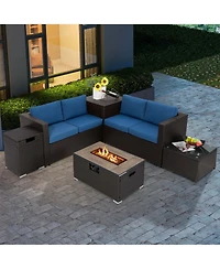 6PCS Patio Rattan Furniture Set 32'' Fire Pit Table Tank Holder with Cover
