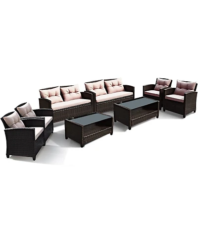 8PCS Outdoor Rattan Furniture Set Cushioned Sofa Armrest Table