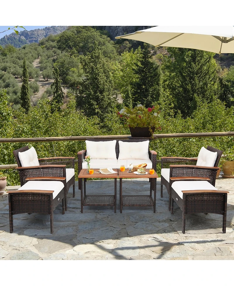 7PCS Patio Rattan Furniture Set Cushioned Loveseat Sofa Ottoman Table