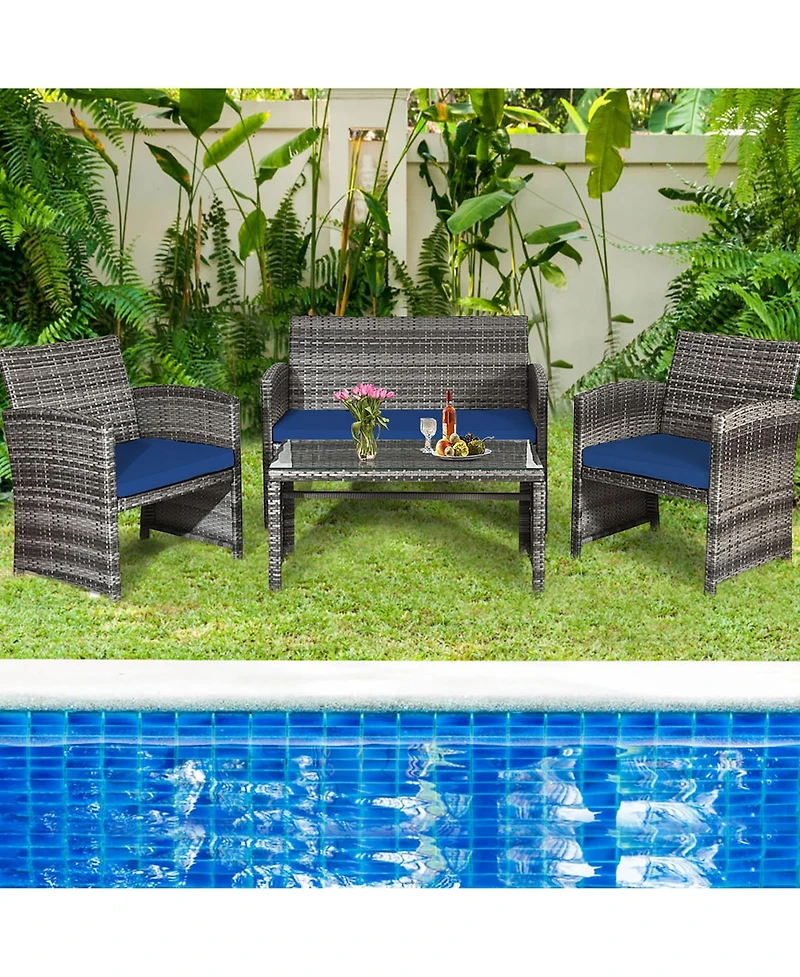 Costway 8PCS Patio Rattan Furniture Set Conversation Glass Table Top Cushioned Sofa