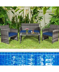Costway 8PCS Patio Rattan Furniture Set Conversation Glass Table Top Cushioned Sofa