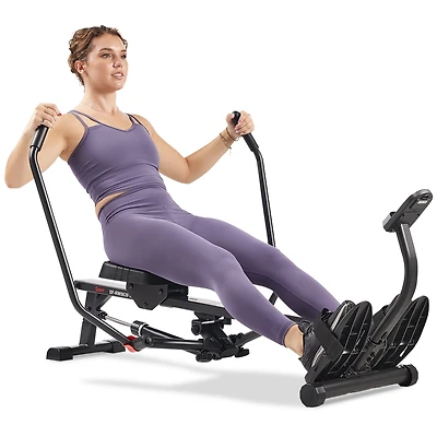 Sunny Health & Fitness Compact Full Motion Rowing Machine, Full-Body Workout, Low-Impact, Extra-Long Rail, 350 Lb Weight Capacity and Free SunnyFit Ap