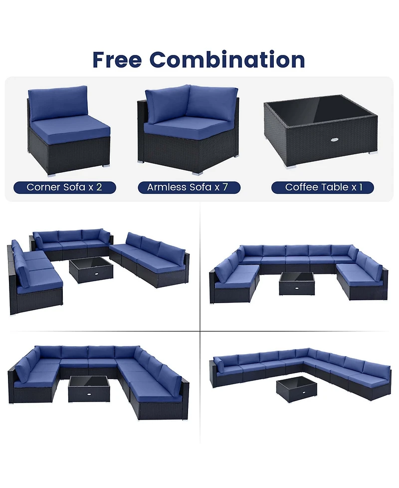 10 Pcs Patio Rattan Furniture Set Outdoor Wicker Sofa Table Cushioned Seat