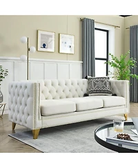 Streamdale Furniture Beige Velvet Sofa with Tufted Arms and Metal Legs