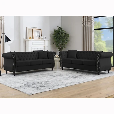 Simplie Fun Black Velvet Chesterfield Sofa, 3-Seater, Tufted Couch