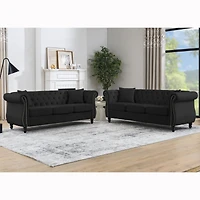 Simplie Fun Black Velvet Chesterfield Sofa, 3-Seater, Tufted Couch