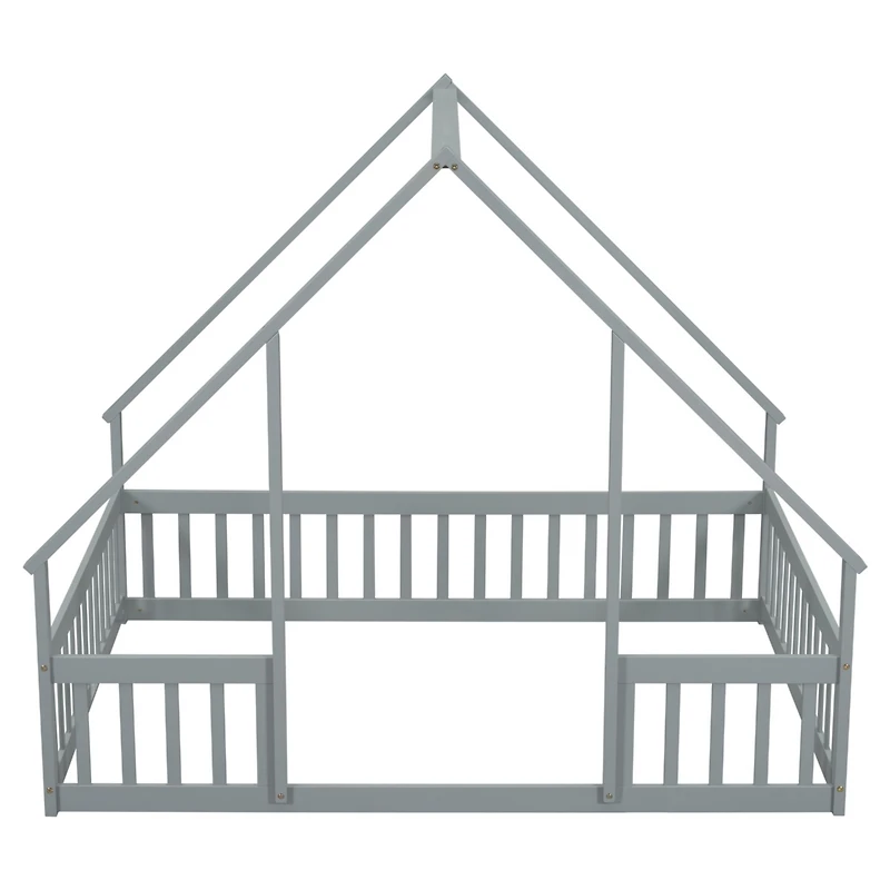 Streamdale Full Wood House-Shaped Floor Bed with Fence, Guardrails, Grey