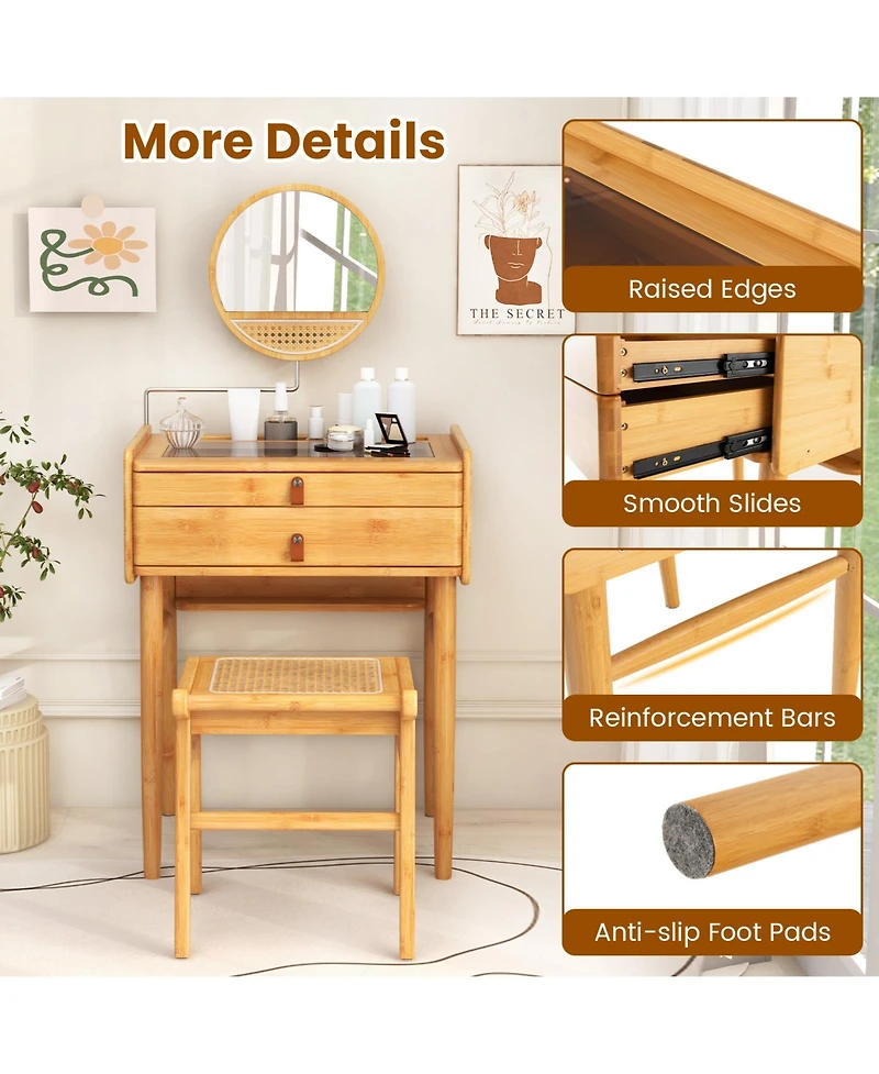 Sugift Bamboo Makeup Vanity Table with Mirror with 2 Storage Drawers