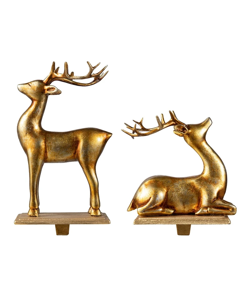 Glitzhome Set of 2 Gold Resin Standing Sitting Reindeer Stocking Holders