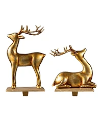 Glitzhome Set of 2 Gold Resin Standing Sitting Reindeer Stocking Holders