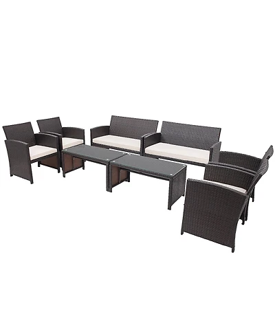 8PCS Patio Rattan Furniture Set Cushioned Chair Sofa Coffee Table White