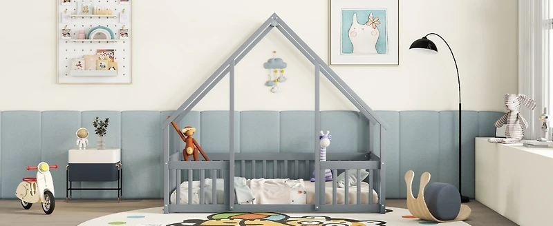 Twin Wood House-Shaped Floor Bed with Fence, Guardrails, Grey