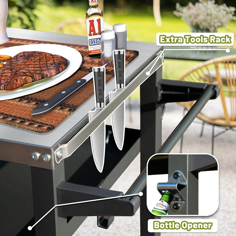 Rust-Proof Outdoor Grill Table with Extra Tool Hooks and Wheels