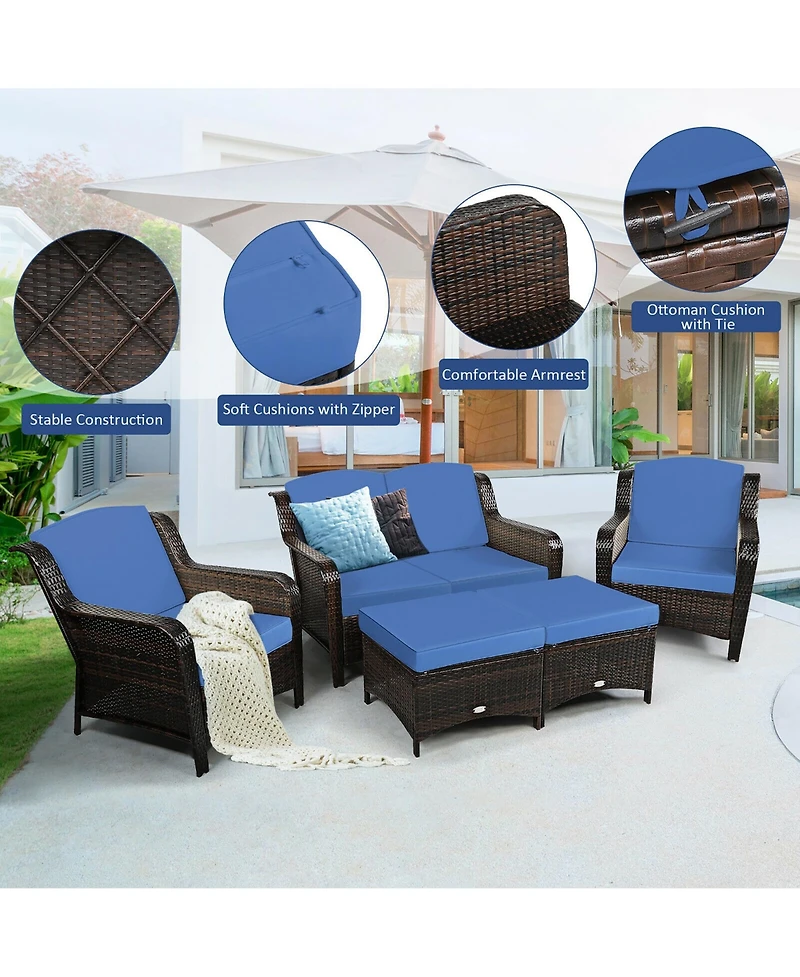 Costway 5PCS Patio Rattan Furniture Set Loveseat Sofa Ottoman
