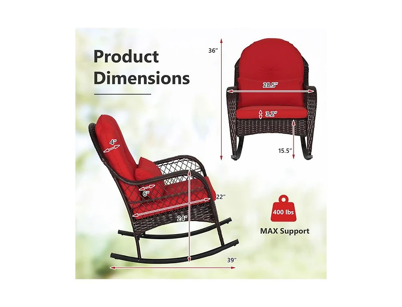 Slickblue Patio Rattan Rocking Chair with Seat Back Cushions and Waist Pillow