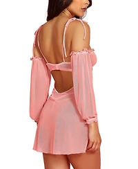 Hauty Women's 2PC Babydoll Lingerie Set Sheer Soft Mesh and Attached off the Shoulder Sleeves