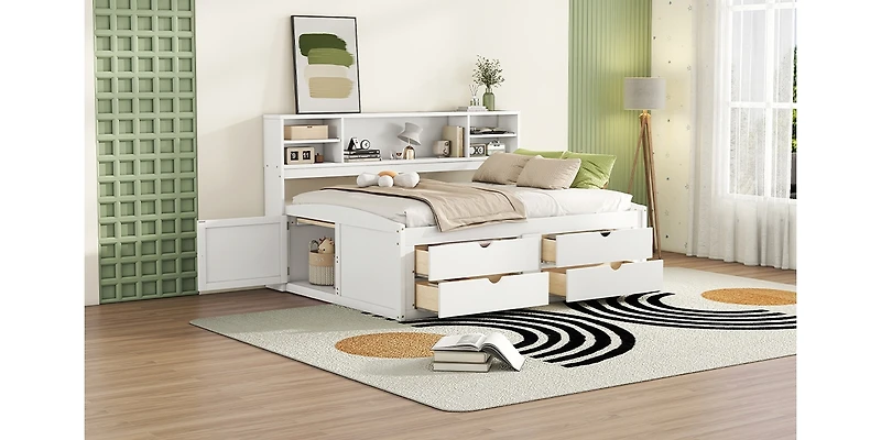 Simplie Fun Full Size Wood Daybed with 2 Bedside Cabinets, Upper Shelves and 4 Drawers, White