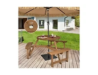 Slickblue 6-person Round Wooden Picnic Table with Umbrella Hole and 3 Built-in Benches-Dark Brown