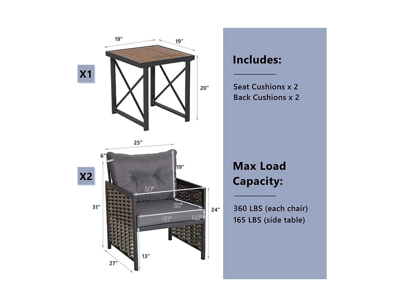 Slickblue 3 Piece Patio Rattan Furniture Set with Acacia Wood Tabletop