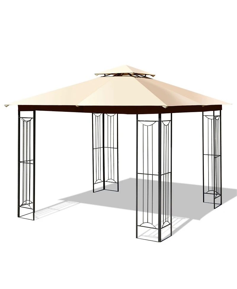 Slickblue 10 x 10 Feet L-Shaped Patio Canopy Gazebo Outdoor 2-Tier Steel Tent-Beige