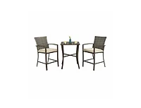 Slickblue 3 Pieces Rattan Bar Furniture Set with Slat Table and 2 Cushioned Stools
