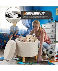 Slickblue Round Fabric Storage Ottoman with Tray and Non-Slip Pads for Bedroom
