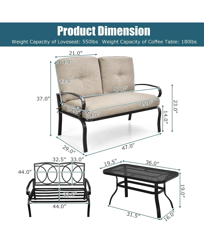 Slickblue 2 Pieces Patio Loveseat Bench Table Furniture Set with Cushioned Chair