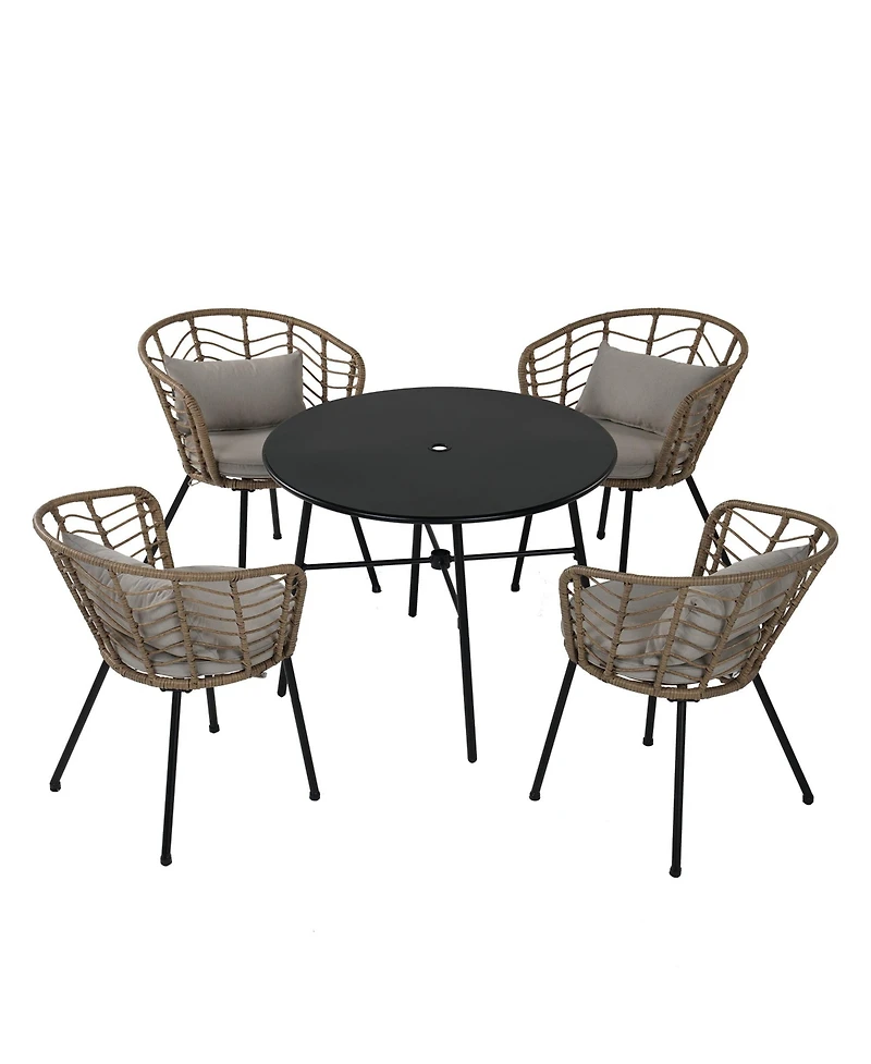 Mondawe 5 Piece Metal Outdoor Seating Set Wicker Rattan Dining Set with Gray Cushion for Backyard