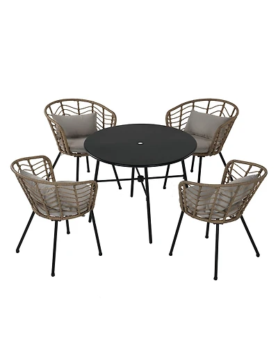Mondawe 5 Piece Metal Outdoor Seating Set Wicker Rattan Dining Set with Gray Cushion for Backyard